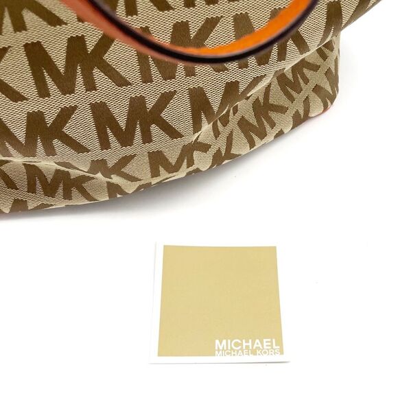 NEW MICHAEL Michael Kors Beige Tan Orange Signature Canvas & Leather Tote Large - Picture 14 of 16